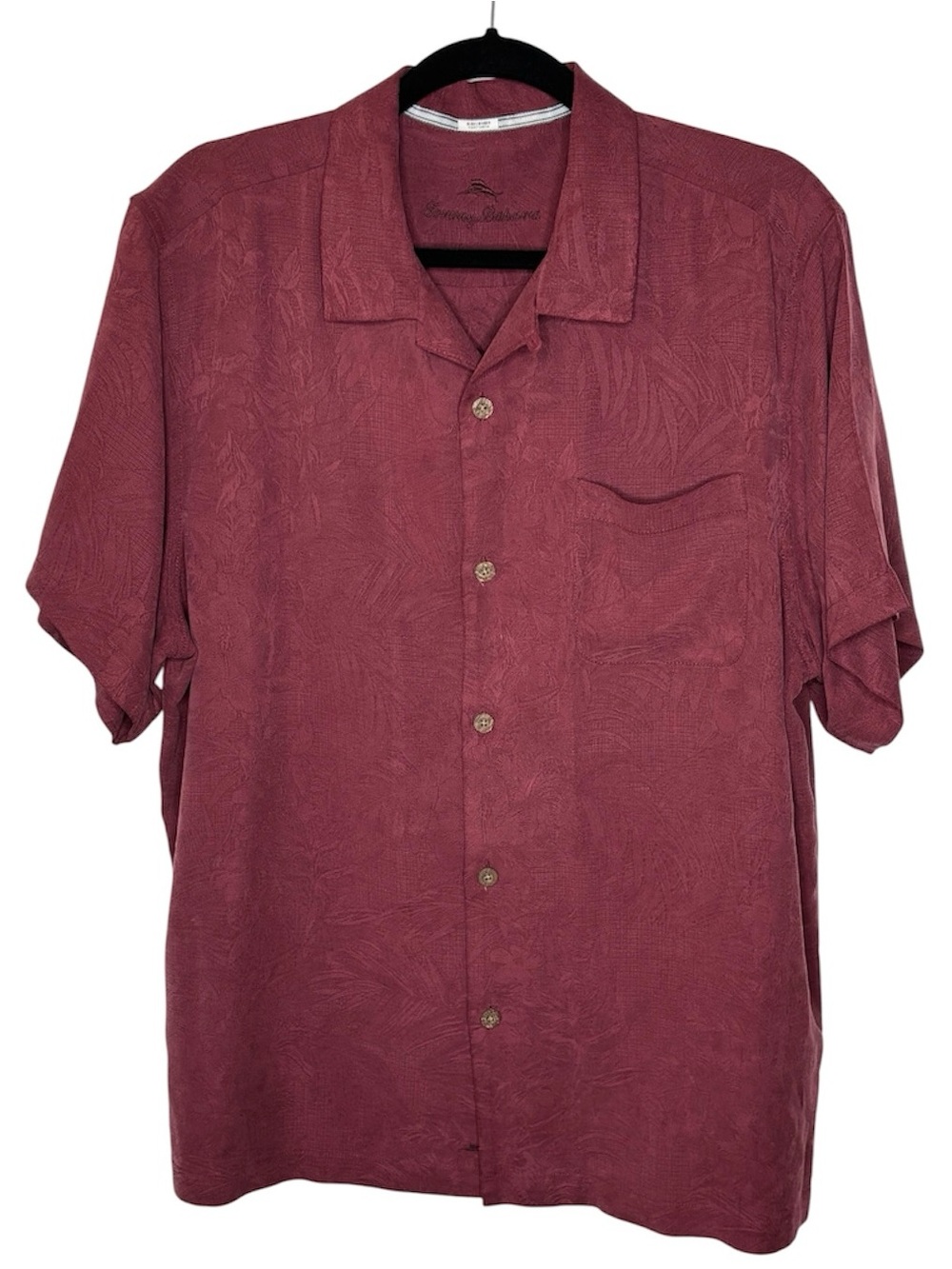 Tommy Bahama 100% Silk Shirt Men’s L Jaquard Woven Tropical Design Short Sleeve